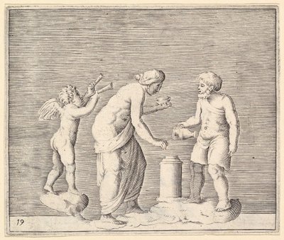 Una Donna e un Uomo che Sacrificano alla Presenza di Cupido, pubblicato ca. 1599-1622 da Unbekannt
