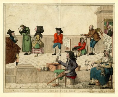 Un angolo di Pont Neuf, Parigi, con mendicanti zoppi e venditori ambulanti, ca 1813 da Unbekannt