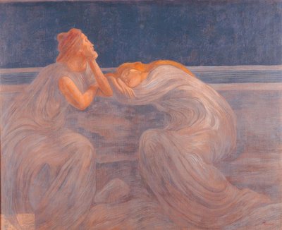 Una coppia di donne con abiti blu e grigi dorme di notte appoggiata a una balaustra e seduta su una panchina da Unbekannt