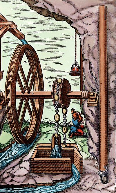 Una miniera drenata da una pompa a straccio e catena alimentata da una ruota idraulica, 1556 da Unbekannt