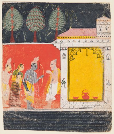 Una pagina di un Ramayana: Una scena notturna di Rama, Lakshman e Sita davanti al rishi..., c. 1650 da Unbekannt