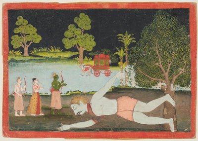 Una pagina da un Ramayana: Rama, Lakshman e Sita davanti a un gigante ucciso, c1770 da Unbekannt