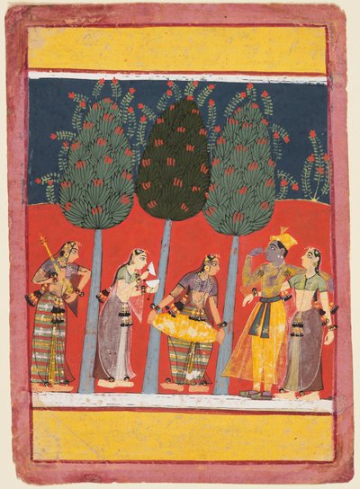 Una pagina da una serie di Rasikapriya: Krishna e Radha e le Sakhis con strumenti musicali, c. 1650 da Unbekannt