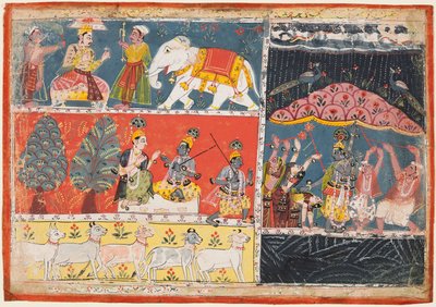 Una pagina dal Bhagavata Purana: Indra manda un torrente di pioggia, Krishna solleva il Monte Govardhana, 1686 da Unbekannt