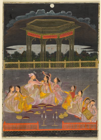 Un principe che celebra Holi con donne di palazzo su una terrazza di notte, c. 1760 da Unbekannt