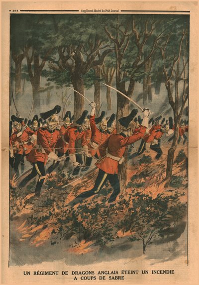Un reggimento di dragoni inglesi spegne un incendio con colpi di sciabola, 1914 da Unbekannt