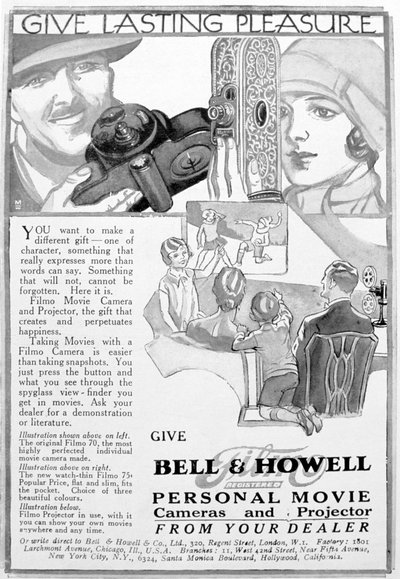 Pubblicità per cineprese e proiettori personali Bell & Howell, anni 
