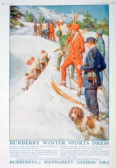 Pubblicità per abito sportivo invernale Burberry, 1928 da Unbekannt