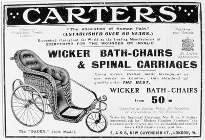 Pubblicità per le sedie da bagno e le carrozze spinali di Carters, 1916 da Unbekannt