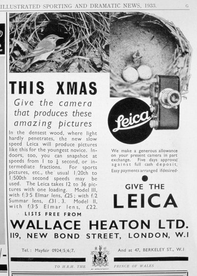 Pubblicità per fotocamere Leica vendute da Wallace Heaton Ltd, New Bond Street, Londra, 1933 da Unbekannt