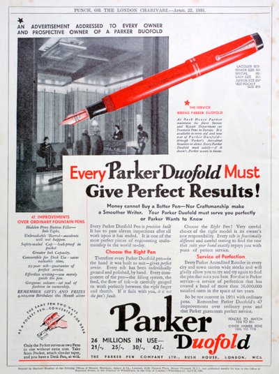 Pubblicità per penne Parker, 1931 da Unbekannt