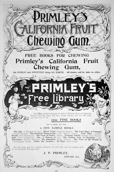 Pubblicità per gomma da masticare alla frutta della California di Primleys, 1894 da Unbekannt