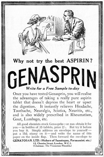 Pubblicità per Genasprin, un marchio proprietario del farmaco Aspirina, 1919 da Unbekannt