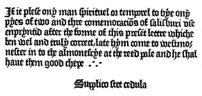 Pubblicità per un libro stampato da William Caxton, XV secolo 1893 da Unbekannt