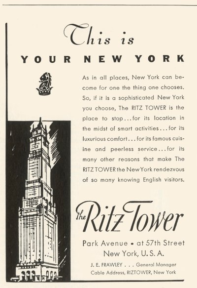 Pubblicità per il Ritz Tower Hotel a New York, 1934 da Unbekannt
