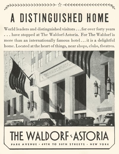 Pubblicità per il Waldorf-Astoria Hotel a New York, 1934 da Unbekannt