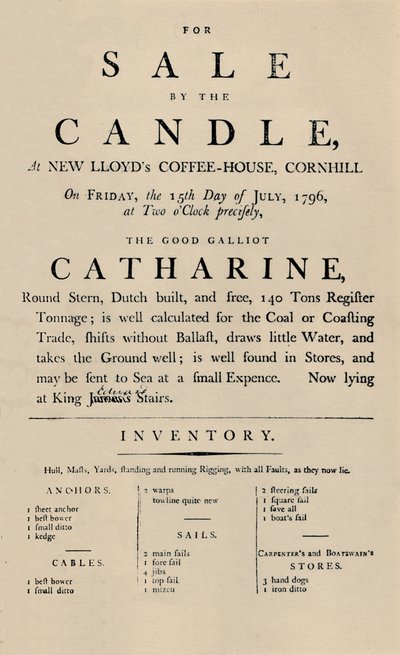 Annuncio di Vendita con Candela a Lloyds, 1796 da Unbekannt