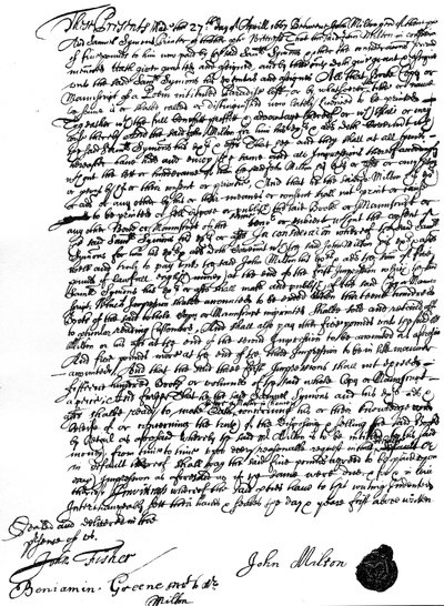 Accordo tra John Milton e il tipografo Samuel Symons per la vendita del copyright di 