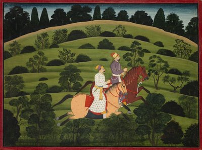 Akrura cavalca verso Dwarka, pagina dal grande Basohli Bhagavata Purana, c. 1760-1765 da Unbekannt