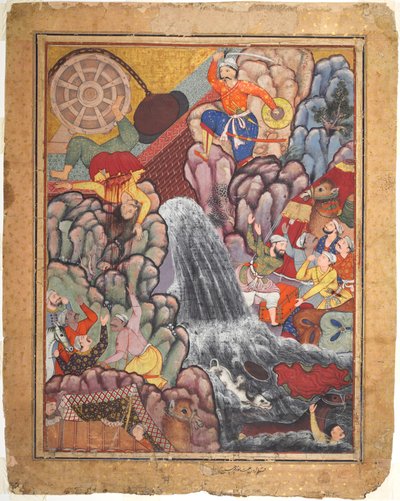 Alamshah che spezza la catena della ruota, dal volume 11 di un Hamza-nama da Unbekannt