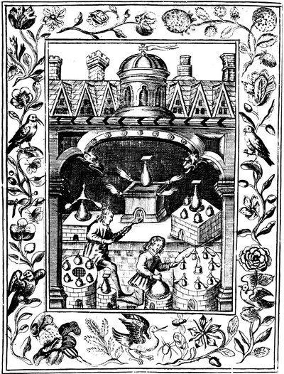 Laboratorio alchemico che mostra varie forme di fornaci e vasi, 1652 da Unbekannt