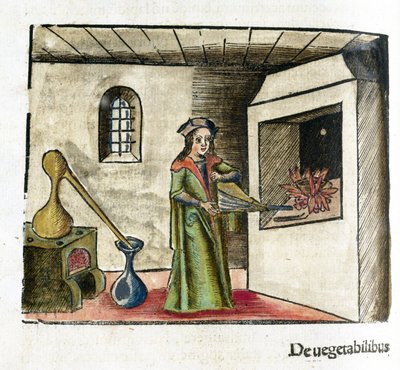 Alchimia XVI secolo: un alchimista al lavoro, attivando un mantice davanti al camino del suo laboratorio, dietro di lui, una stufa e un alambicco da Unbekannt
