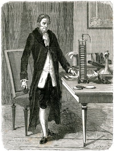 Alessandro Volta, fisico italiano, che dimostra la sua pila elettrica, c1800 c1870 da Unbekannt