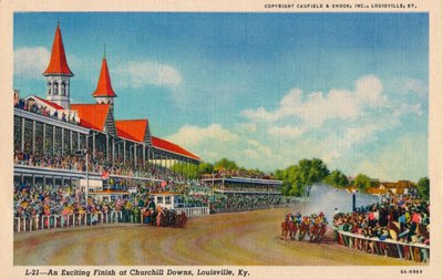 Un emozionante arrivo al traguardo a Churchill Downs, Louisville, Ky, c. 1940 da Unbekannt