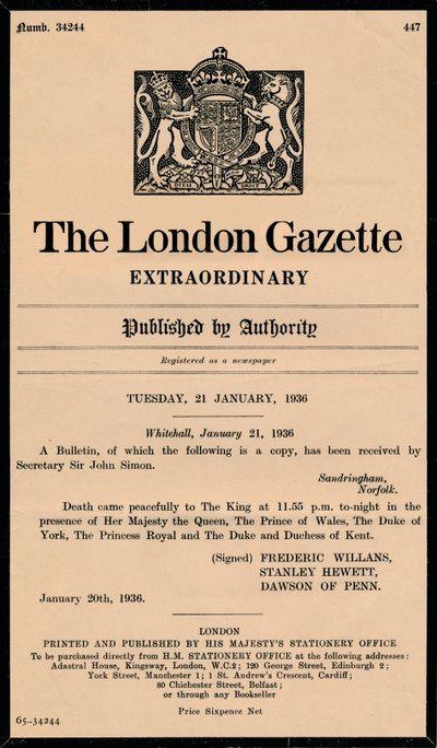 Un bollettino straordinario della London Gazette che annuncia la morte di Re Giorgio V 1865-1936 da Unbekannt