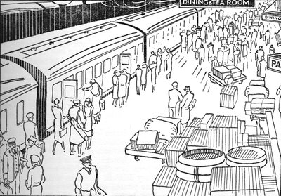 Illustrazione di una stazione ferroviaria degli anni 