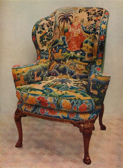 Una poltrona imbottita con ali, struttura in noce intagliato e rivestimento originale in seta ricamata, c17 da Unbekannt