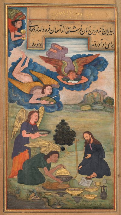 Gli angeli portano cibo a Gesù nel deserto, da un Mirat al-quds di Padre Jerome Xavier, 1602 da Unbekannt