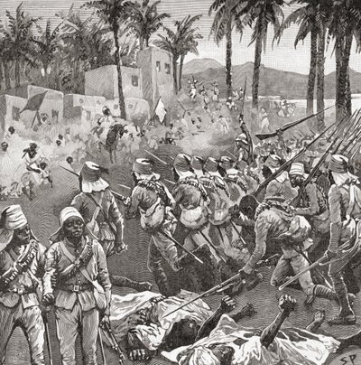 Truppe anglo-egiziane assaltano il villaggio di Ferkeh nella battaglia di Ferkeh o Firket, 7 giugno 1896, durante la guerra mahdista da Unbekannt