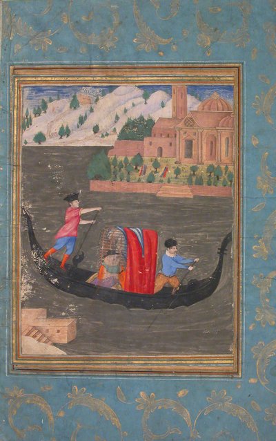Scena acquatica con tre uomini in gondola da Unbekannt