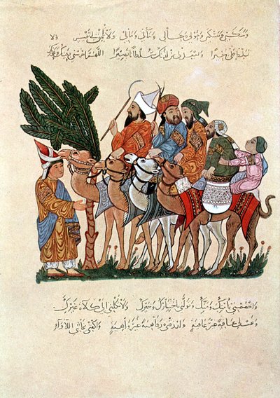 Viaggiatori arabi su cammelli, accolti alla fine del loro viaggio da Unbekannt