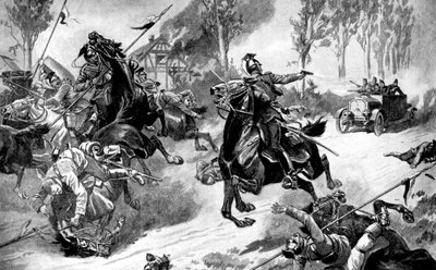 Truppe belghe corazzate sotto attacco degli Uhlans, Prima Guerra Mondiale da Unbekannt