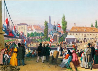 Arrivo del battello a vapore alla stazione sul canale del Danubio, Vienna, 1845 da Unbekannt