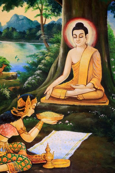 Il Buddha ascetico riceve una ciotola di riso-latte la mattina della sua illuminazione da Nandabala. Dipinto raffigurante la storia della vita di Shakyamuni Buddha, Wat Ong Teu Mahawihan, Tempio del Grande Buddha, Vientiane, Laos da Unbekannt