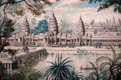 Museo delle Civiltà Asiatiche, Angkor, Esplorando la città sacra della Cambogia, Vista di Angkor Wat, Stampa basata su un disegno di Jacques Guiaud dopo uno schizzo di Henri Mouhot, Vista di Angkor Wat di Louis Delaporte intorno al 1870-73, Singapore, 2018 da Unbekannt