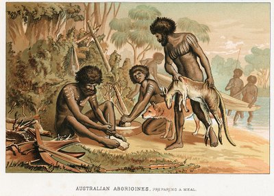 Nativi australiani che preparano un pasto da un animale che hanno cacciato, c1895 da Unbekannt