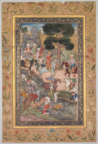 Babur incontra il sultano Ali Mirza al fiume Kohik, dal Babur-nama Memorie di Babur, c. 159 da Unbekannt