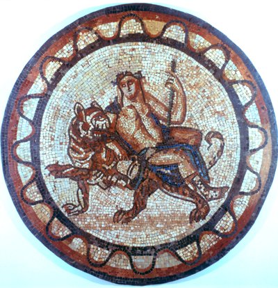 Bacco, antico dio romano del vino, che cavalca una tigre, mosaico romano, I o II secolo da Unbekannt