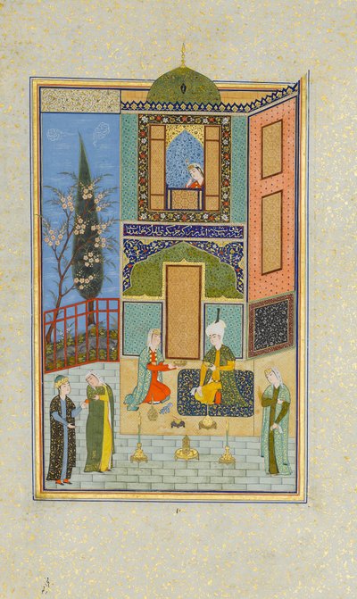 Bahram Gur nel Palazzo Verde di Lunedì, Foglio da un Khamsa Quintet di Nizami da Unbekannt