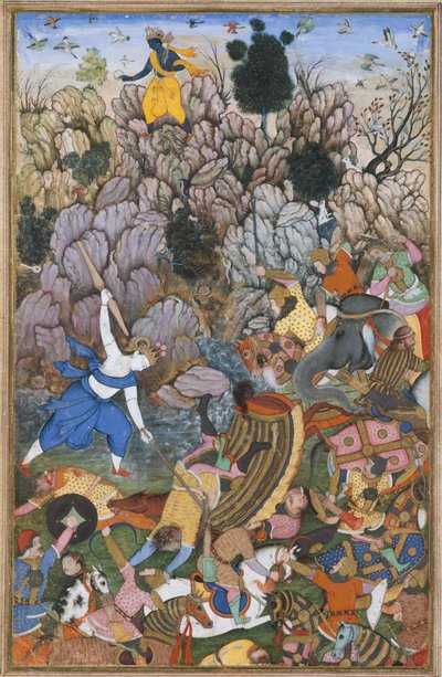 Balarama e Krishna che combattono il nemico, foglio da un Harivamsa La leggenda di..., ca. 1590-95 da Unbekannt