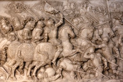 Basilica di San Denis, Tomba di Francesco I re di Francia e Claudia di Francia, bassorilievo della Fondazione, Rappresentazione della battaglia di Cerisoles, qui la cavalleria francese contro le truppe imperiali, Saint-Denis, Francia da Unbekannt