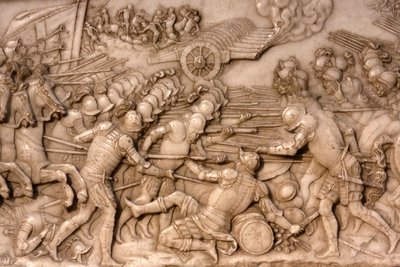 Basilica di San Denis, Tomba di Francesco I re di Francia e Claudia di Francia, bassorilievo della Fondazione, Rappresentazione della battaglia di Marignano nel 1515 - i francesi e la loro artiglieria contro la Vecchia Confederazione Svizzera, Saint-Denis, da Unbekannt