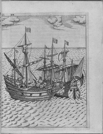 Battaglia tra la nave di Francis Drake Golden Hind e la nave spagnola Cacafuego. Da Levinus Hulsius da Unbekannt