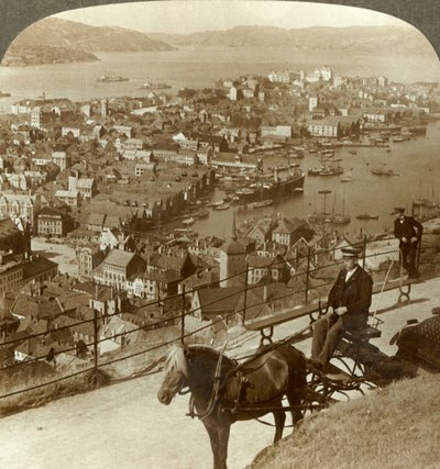 Bergen, vista ovest dal Floifjeld, sul porto a destra e Puddefjord in lontananza, Norvegia, c1905 da Unbekannt