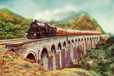Tra Bombay e Delhi. Una vista impressionante del Frontier Mail che passa su un viadotto, 1935 da Unbekannt