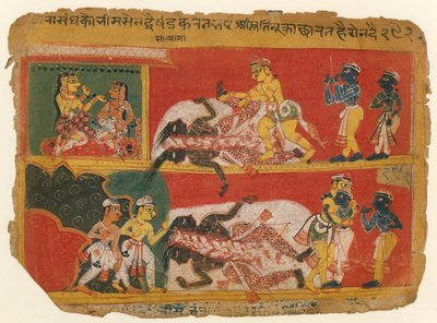 Bhima uccide Jarasandha: Pagina da un manoscritto del Bhagavata Purana, ca. 1540 da Unbekannt